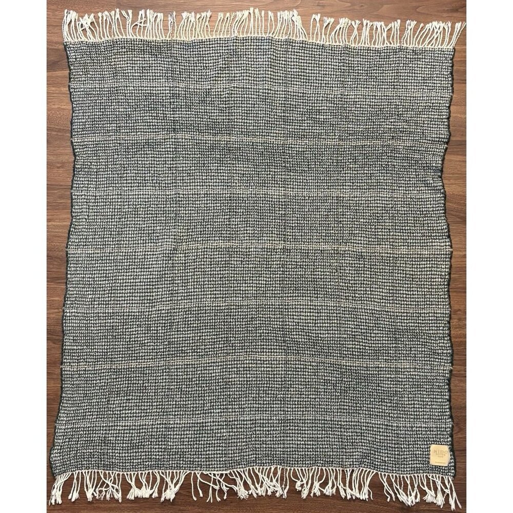 Nido Notte Italia Woven‎ Throw Blanket Dark Green Cream Fringe Made in Italy